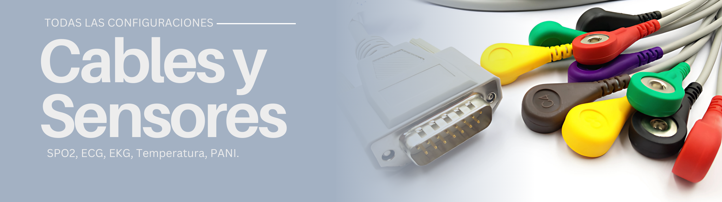 Banner de Morvi: cables y sensores médicos compatibles con diversos equipos de monitoreo y diagnóstico.